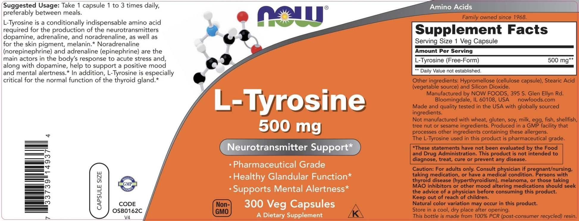 NOW Supplements, L-Tyrosine 500 mg, Supports Mental Alertness*, Neurotransmitter Support*, 120 Capsules - PrimeBioHealth - canada supplements