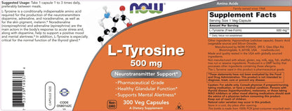 NOW Supplements, L-Tyrosine 500 mg, Supports Mental Alertness*, Neurotransmitter Support*, 120 Capsules - PrimeBioHealth - canada supplements