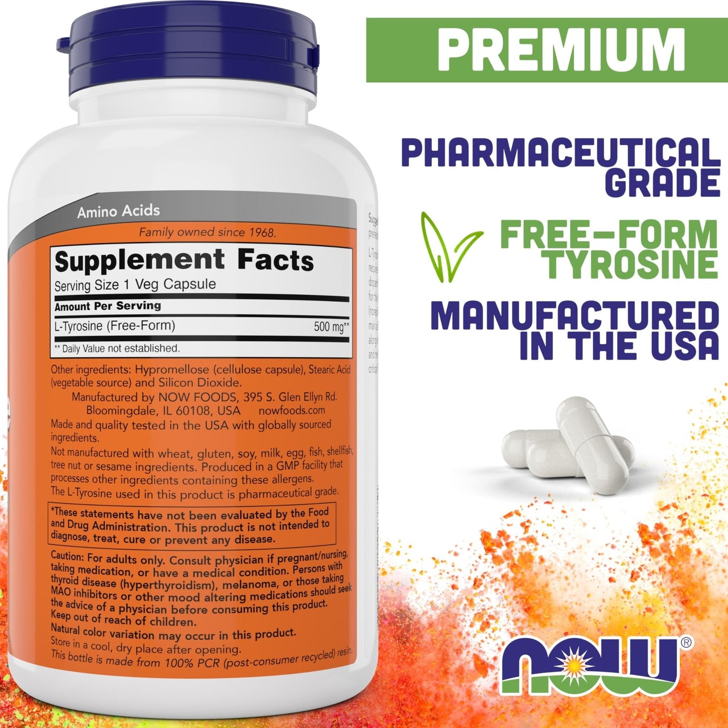 NOW Supplements, L-Tyrosine 500 mg, Supports Mental Alertness*, Neurotransmitter Support*, 120 Capsules - PrimeBioHealth - canada supplements