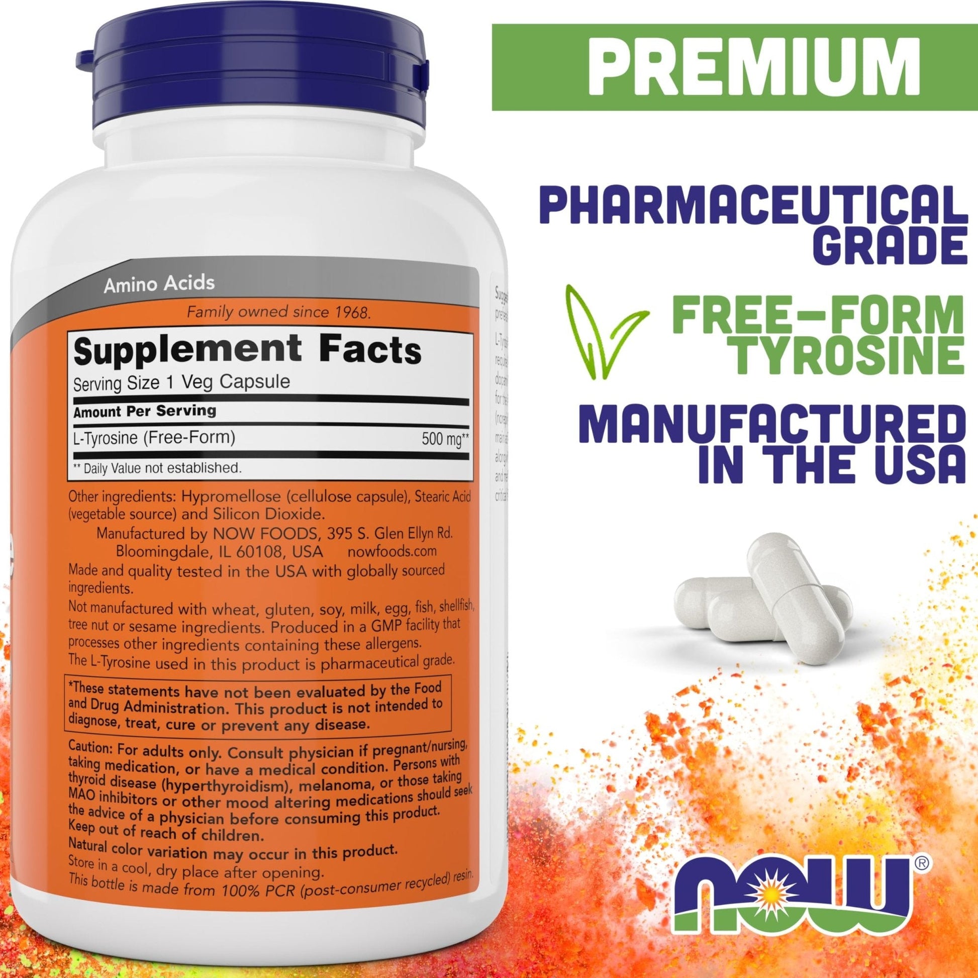 NOW Supplements, L-Tyrosine 500 mg, Supports Mental Alertness*, Neurotransmitter Support*, 120 Capsules - PrimeBioHealth - canada supplements