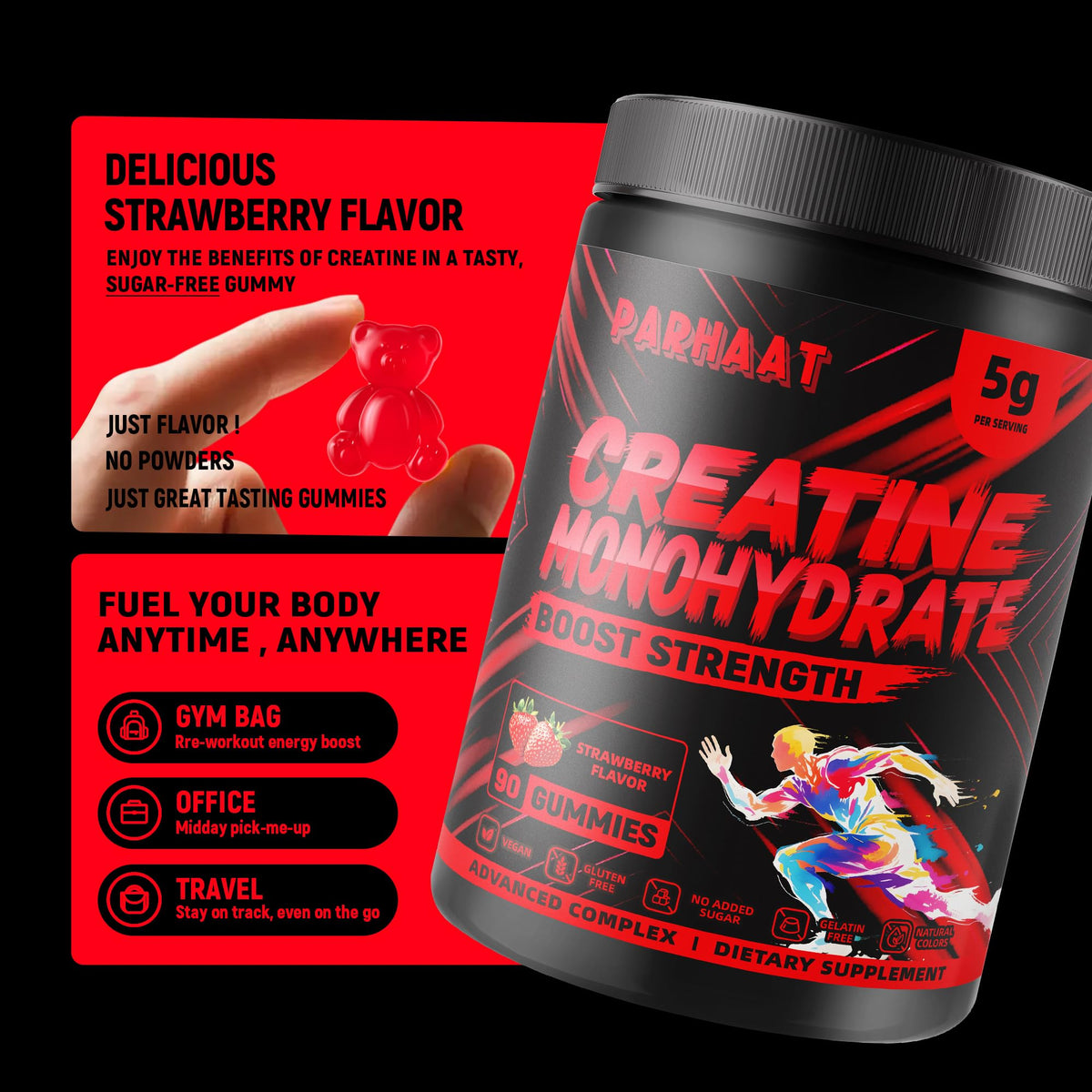NSF Certified Creatine Gummy - Creatine Monohydrate Gummies 5g for Men & Women - Boost Focus,Strength, and Endurance, Vegan, Gluten-Free, Non-GMO, 2.5 Gram Creatine - PrimeBioHealth - canada supplements