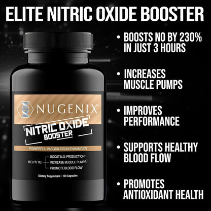 Nugenix Nitric Oxide Booster Supplement - Nitric Oxide Flow, L-Arginine, L-Citrulline, Pine Bark Extract - Vasodilator - 100 Capsules - PrimeBioHealth - canada supplements