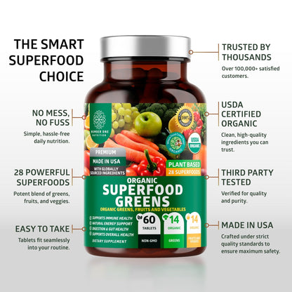 Number One Nutrition USDA Organic and Easy-to-Take Super Greens, Better Than Powder Fruits & Veggies Supplement with 28 Superfood - PrimeBioHealth - canada supplements