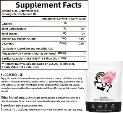 nuora Feminine Balance Gummies, Vegan Hawaiian Pineapple, pH Balance, Healthy Odor, Flora and Immune Support, - PrimeBioHealth - canada supplements