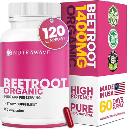 Nutra Wave 1400mg Organic Beet Root Capsules Per Serving – Nitric Oxide Booster for Men – Supports Blood Pressure, Energy, Circulation & Heart Health – Non-GMO, Vegan – 120 Capsules / 60 Day Supply - PrimeBioHealth - canada supplements