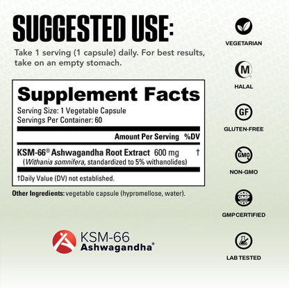 NutraBio Ashwagandha KSM-66 | Ashwagandha Herbal Supplement for Stress, Mood, & Performance | 600 MG of Clinically Studied KSM66 60 Capsules - PrimeBioHealth - canada supplements