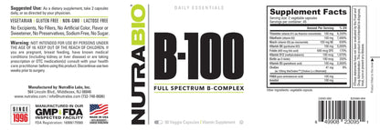 NutraBio B-100, B Vitamin Complex, Immune System Support, Healthy Hair, Skin, Nails, 90 Vegetable Capsules - PrimeBioHealth - canada supplements