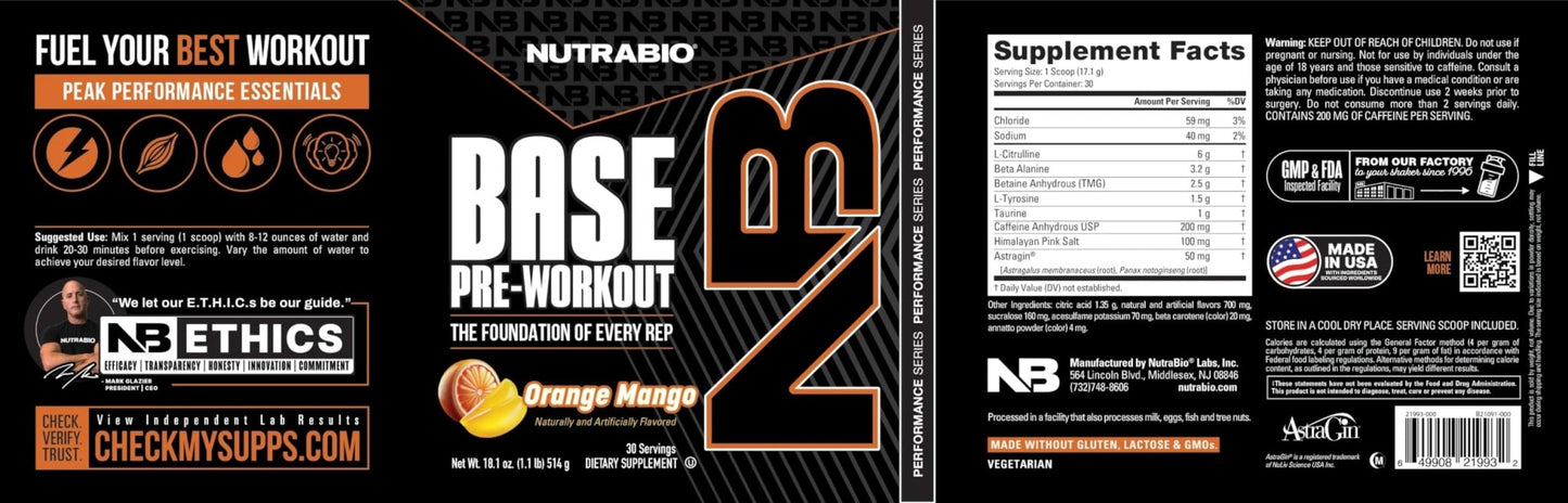 NutraBio Base Pre-Workout Powder 200mg Caffeine, Sustained Energy, Focus, Endurance, Pump, Sugar Free, Clean Preworkout for Men and Women - Beta Alanine, L-Tyrosine, 30 Servings - Lemon Lime - PrimeBioHealth - canada supplements