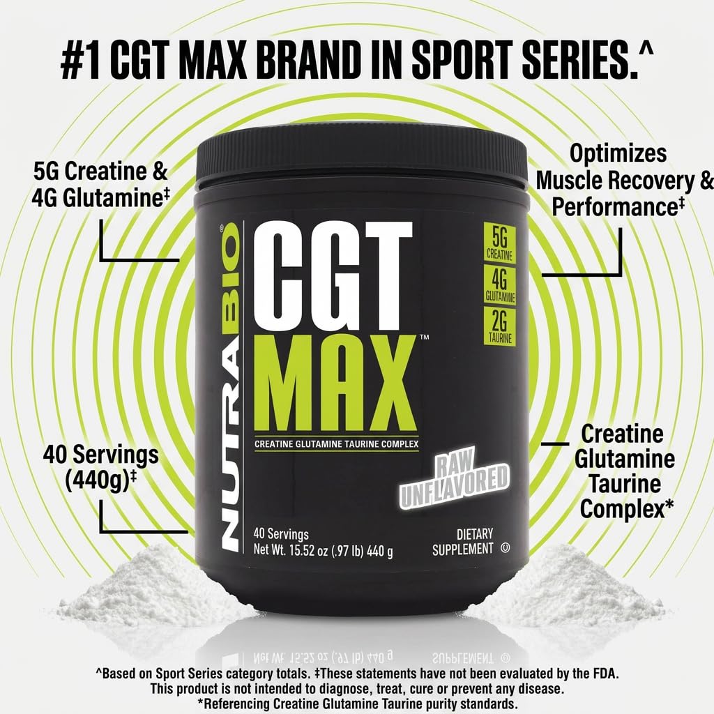 NutraBio CGT-MAX Powder- Creatine, Glutamine and Taurine to Support Muscle Recovery and Strength - 40 Servings - Unflavored - PrimeBioHealth - canada supplements