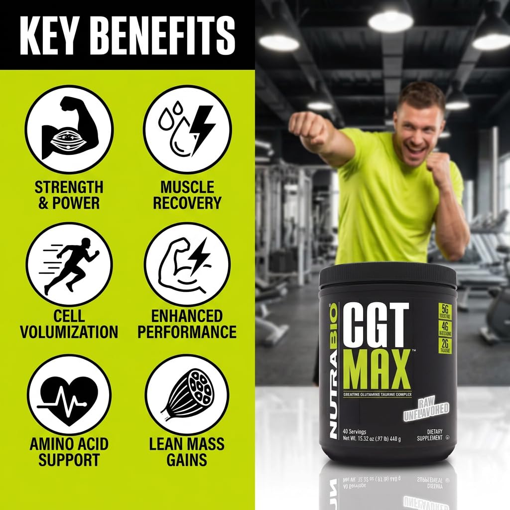 NutraBio CGT-MAX Powder- Creatine, Glutamine and Taurine to Support Muscle Recovery and Strength - 40 Servings - Unflavored - PrimeBioHealth - canada supplements