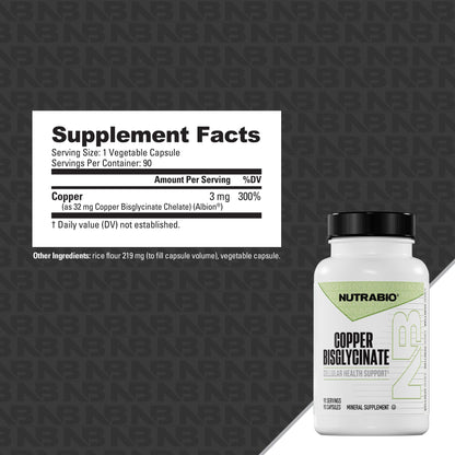 NutraBio Chelated Copper Bisglycinate Supplement (3mg), Immune Support - Copper Supplement- 90 Capsules - PrimeBioHealth - canada supplements