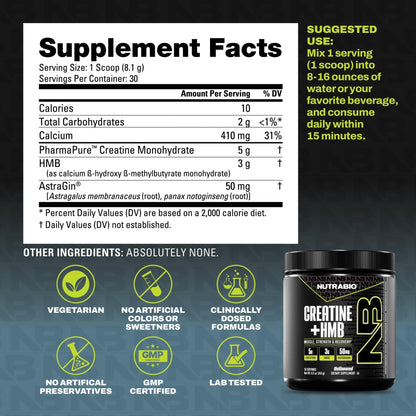 NutraBio Creatine + HMB- Creatine Monohydrate with HMB Powder for Muscle Growth, Increased Strength- 30 Servings (Unflavored) - PrimeBioHealth - canada supplements
