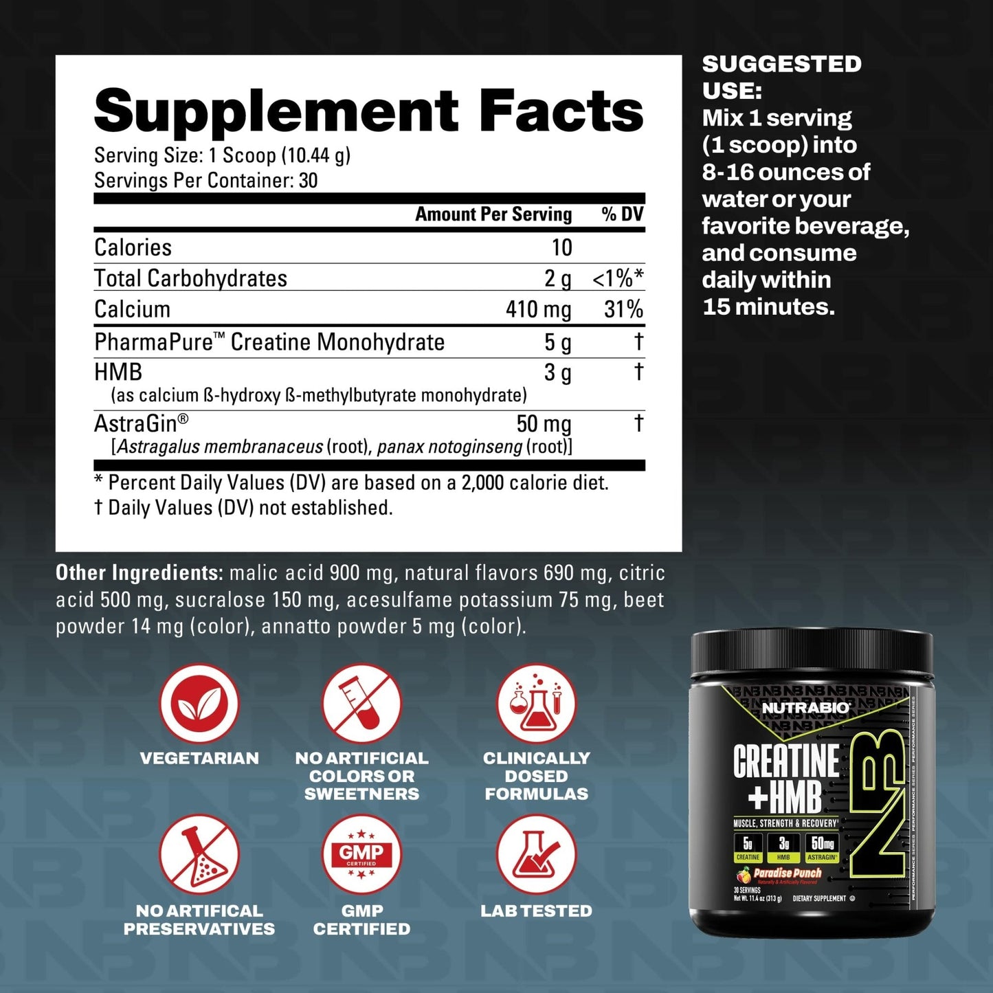 NutraBio Creatine + HMB- Creatine Monohydrate with HMB Powder for Muscle Growth, Increased Strength- 30 Servings (Unflavored) - PrimeBioHealth - canada supplements