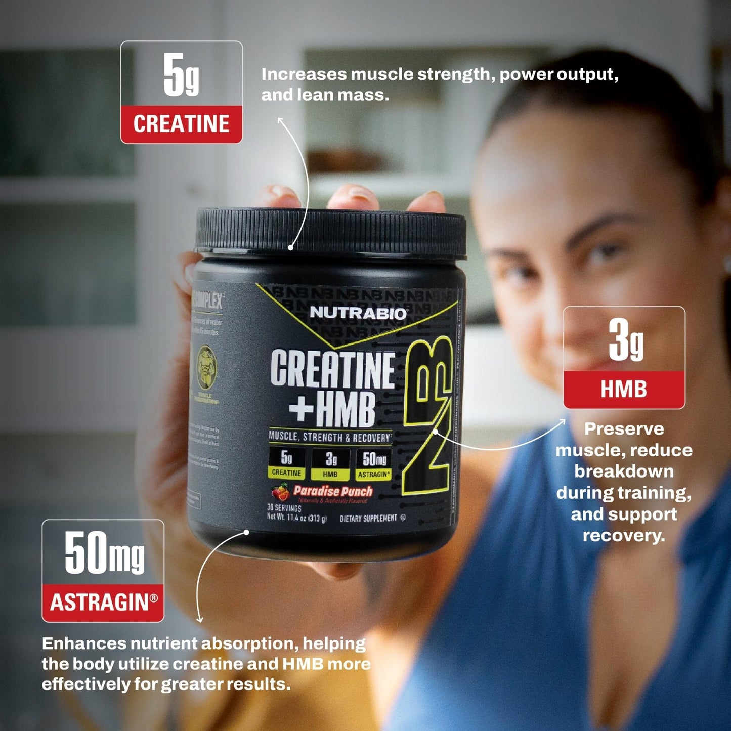 NutraBio Creatine + HMB- Creatine Monohydrate with HMB Powder for Muscle Growth, Increased Strength- 30 Servings (Unflavored) - PrimeBioHealth - canada supplements
