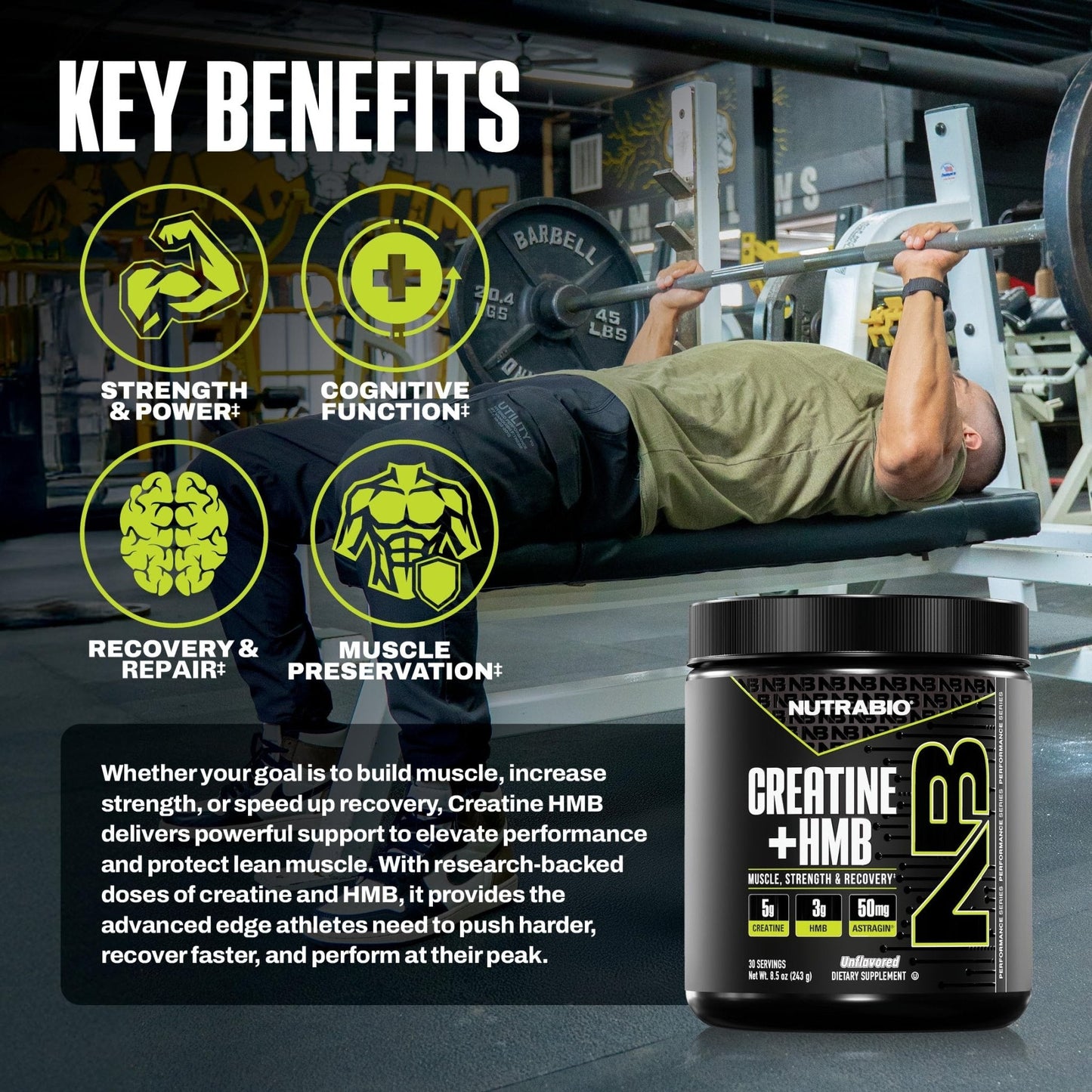 NutraBio Creatine + HMB- Creatine Monohydrate with HMB Powder for Muscle Growth, Increased Strength- 30 Servings (Unflavored) - PrimeBioHealth - canada supplements