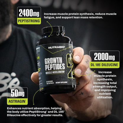 NutraBio Growth Peptides |Muscle Accelerator with DiLeucine & PeptiStrong | Peptides for Muscle Growth Men & Women- 28 Servings- 196 Capsules - PrimeBioHealth - canada supplements