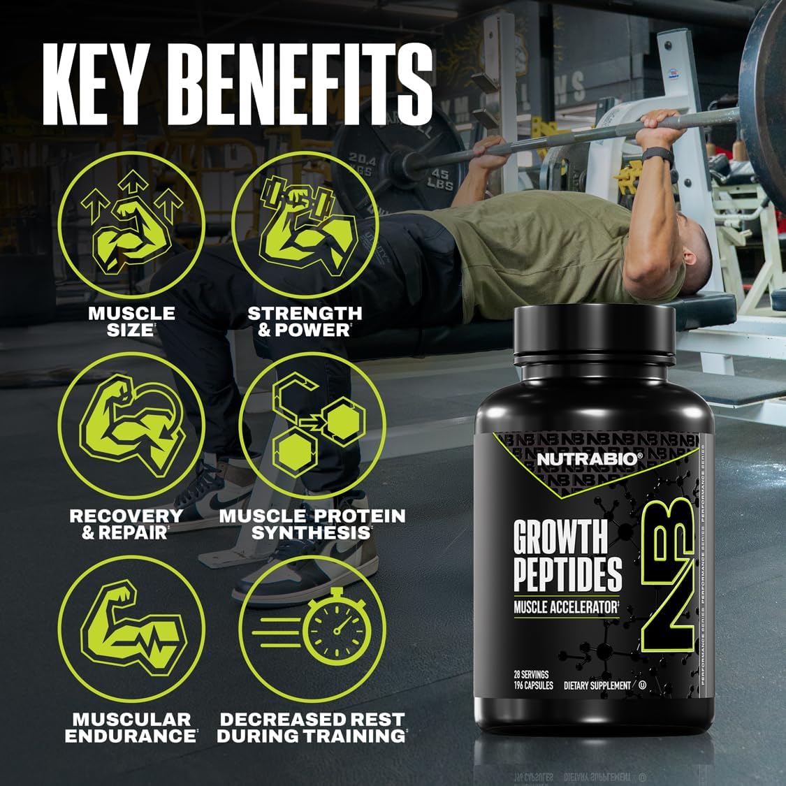 NutraBio Growth Peptides |Muscle Accelerator with DiLeucine & PeptiStrong | Peptides for Muscle Growth Men & Women- 28 Servings- 196 Capsules - PrimeBioHealth - canada supplements