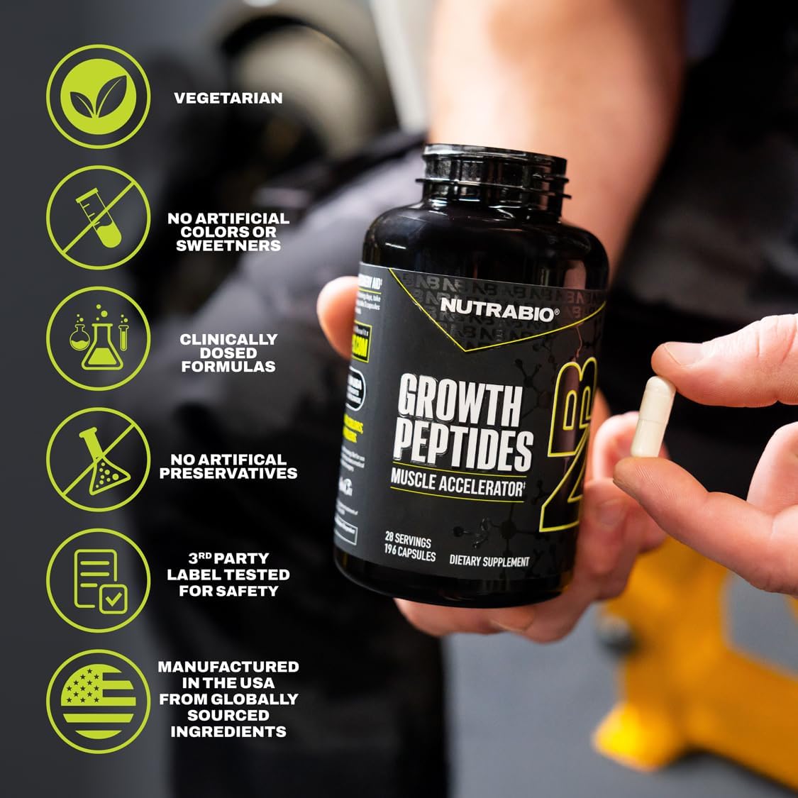 NutraBio Growth Peptides |Muscle Accelerator with DiLeucine & PeptiStrong | Peptides for Muscle Growth Men & Women- 28 Servings- 196 Capsules - PrimeBioHealth - canada supplements