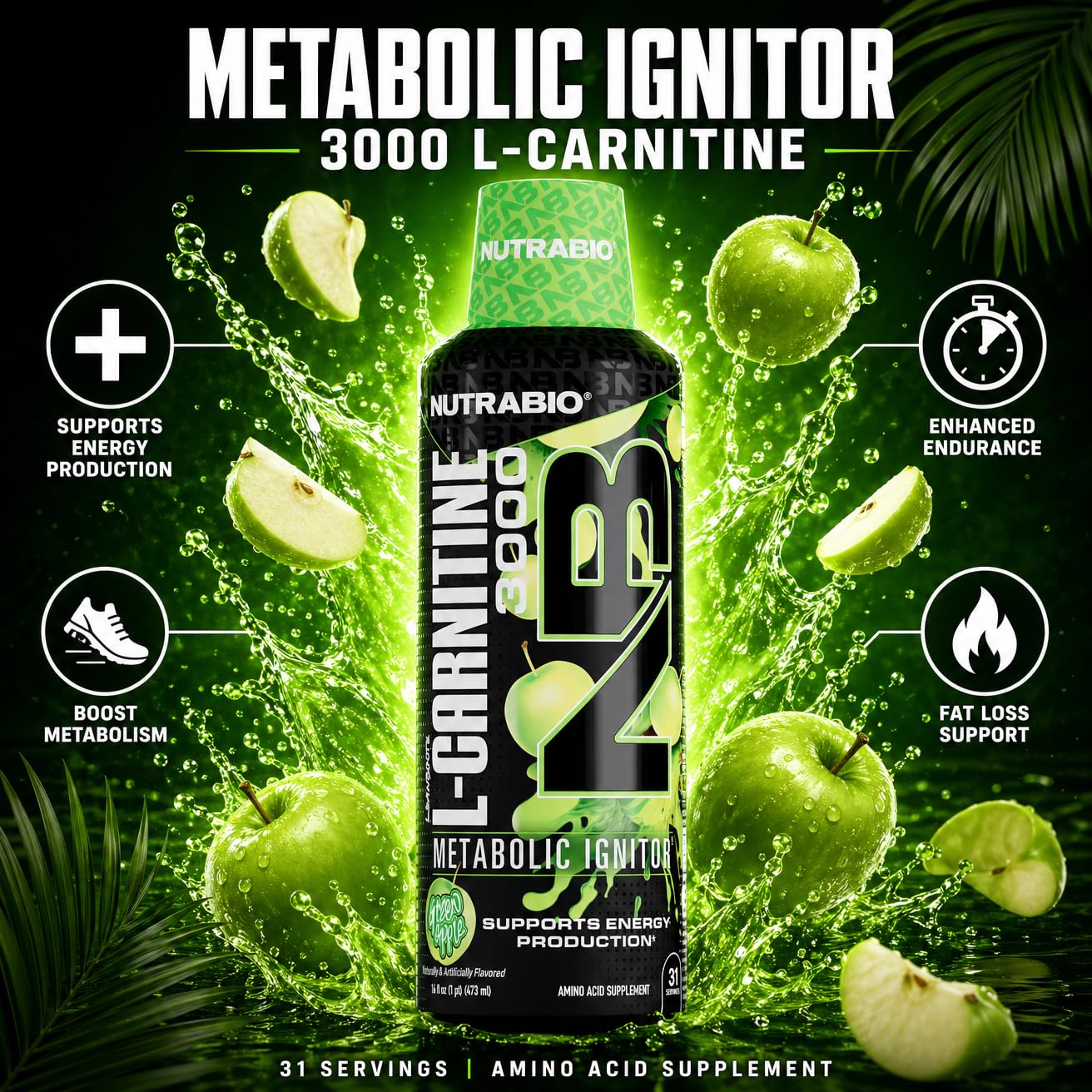 NutraBio – L-Carnitine Liquid Shots – 3000mg, (Green Apple) – 10mg of Vitamin B-5 – Zero Carbs & Sugars – Energy Production – Muscle Recovery - PrimeBioHealth - canada supplements