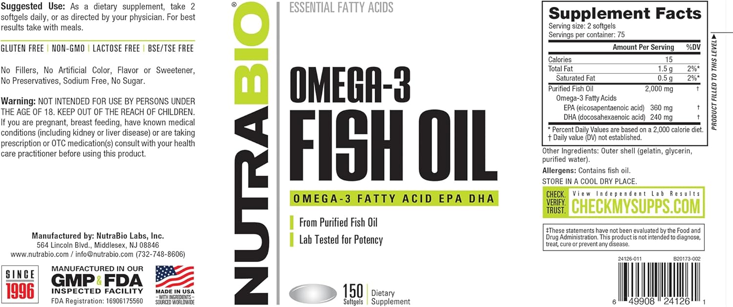 NutraBio Omega 3 Fish Oil Supplements, 2,000mg, 150 Softgels - EPA DHA Omega 3 Fatty Acid Supplement to Help Support a Healthy Heart - PrimeBioHealth - canada supplements
