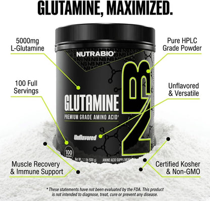 NutraBio Pure L-Glutamine Powder, 100 Servings L-Glutamine Supplement, Amino Acid, Pure Grade, Glutamina, Absolutely no Additives, Fillers or Excipients, Muscle Recovery Supplement - (500 Grams) - PrimeBioHealth - canada supplements