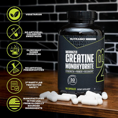 NutraBio Pure Micronized Creatine Monohydrate Capsules, Creatine Pills, Supports Bulk Muscle Energy, Recovery, and Strength - Keto Friendly, Kosher, Creatine Nutritional Supplement for Men and Women - PrimeBioHealth - canada supplements