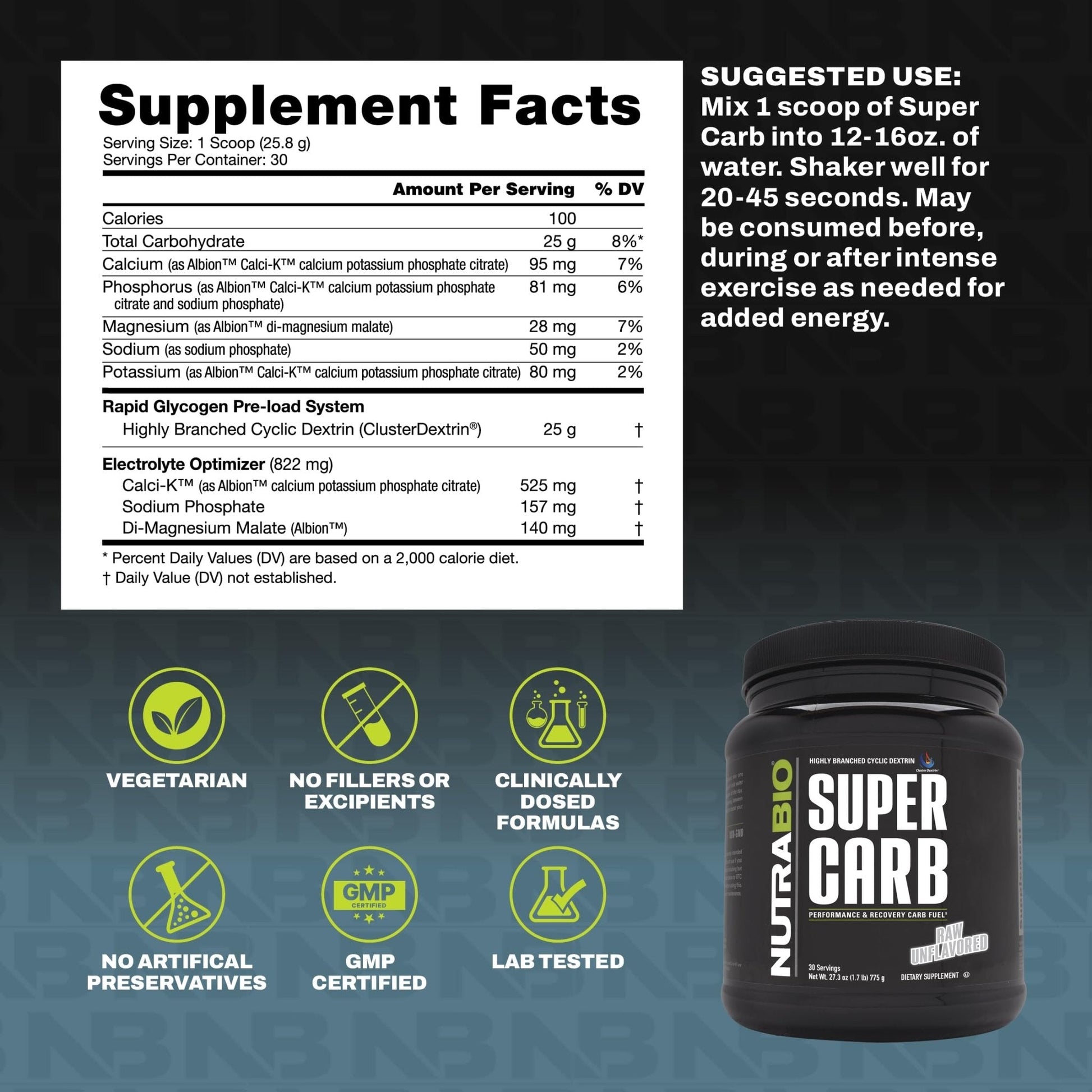 NutraBio Super Carb, Carbohydrate Powder with Cluster Dextrin & Electrolytes, Advanced Carb Supplement Powder for Workout Fuel, Performance, and Muscle Recovery, Cyclic Dextrin, Unflavored, 30 Sv - PrimeBioHealth - canada supplements