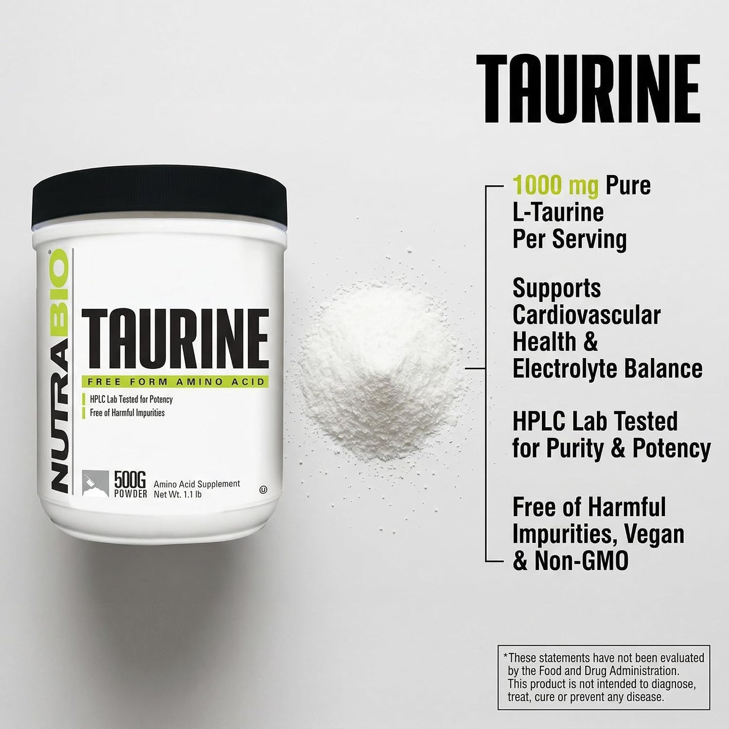 NutraBio Taurine Powder 500g | Pure Free-Form L-Taurine Amino Acid Supplement | Supports Cellular Health, Energy, and Wellness | Non-GMO, USP Grade - PrimeBioHealth - canada supplements