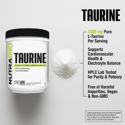 NutraBio Taurine Powder 500g | Pure Free-Form L-Taurine Amino Acid Supplement | Supports Cellular Health, Energy, and Wellness | Non-GMO, USP Grade - PrimeBioHealth - canada supplements