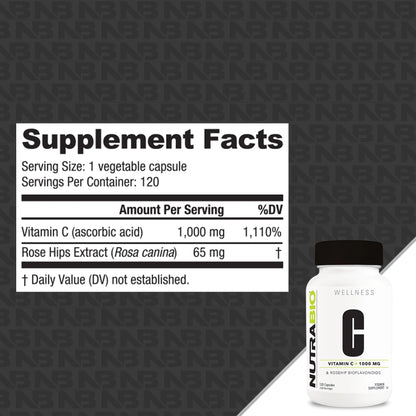 NutraBio Vitamin C with Rose Hips - Supports Healthy Bones, Teeth and Gums, Immune Function - No Fillers or Excipients - (120 Capsules, 1000mg of Vitamin C per Capsule) - PrimeBioHealth - canada supplements