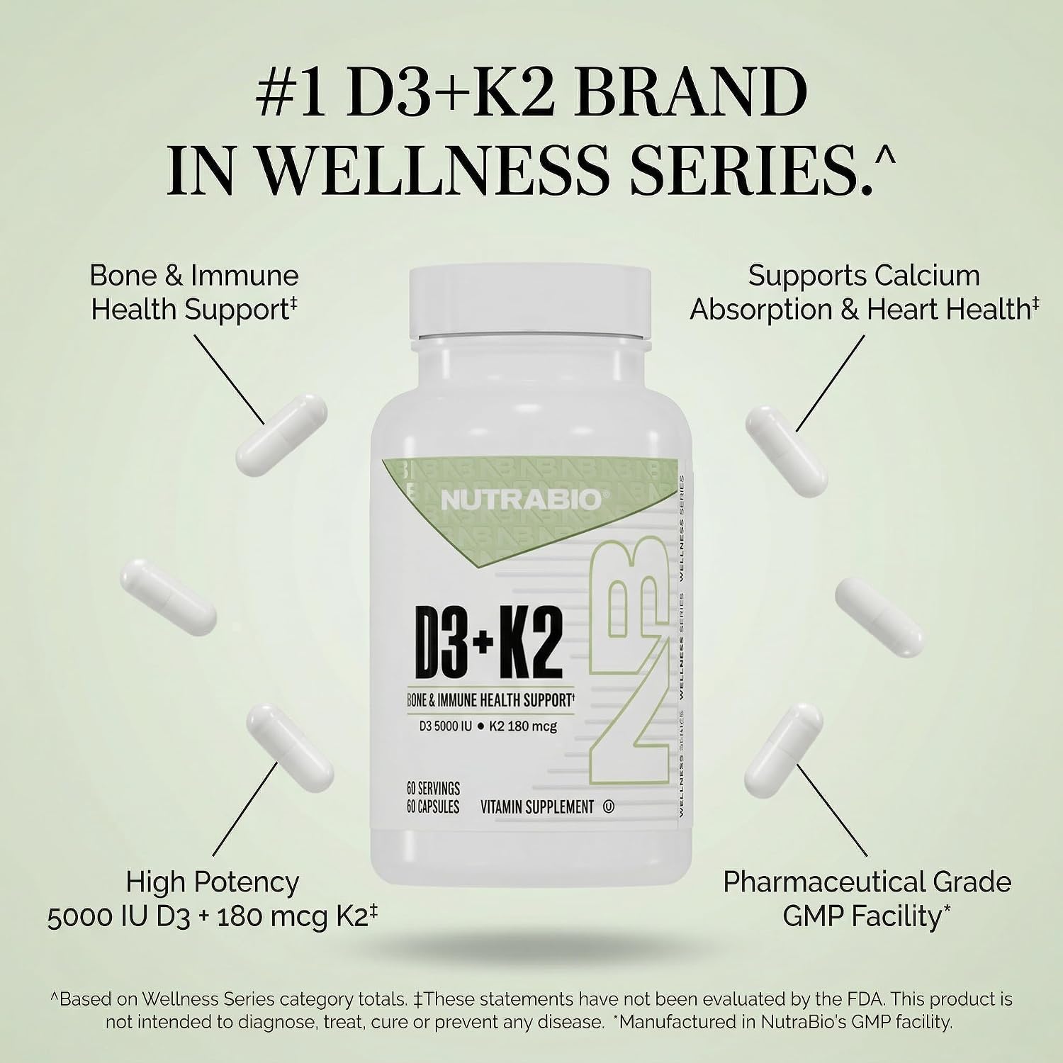 NutraBio Vitamin D3 K2 | 5000 IU D3 as Cholecalciferol with Vitamin K2 as MENA-Q MK7 (180mcg) | Support Bone and Heart Health | Non-GMO, Gluten Free, Lactose Free | 60 Vegetable Capsules - PrimeBioHealth - canada supplements