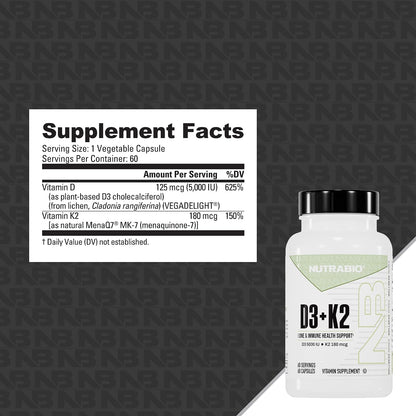NutraBio Vitamin D3 K2 | 5000 IU D3 as Cholecalciferol with Vitamin K2 as MENA-Q MK7 (180mcg) | Support Bone and Heart Health | Non-GMO, Gluten Free, Lactose Free | 60 Vegetable Capsules - PrimeBioHealth - canada supplements