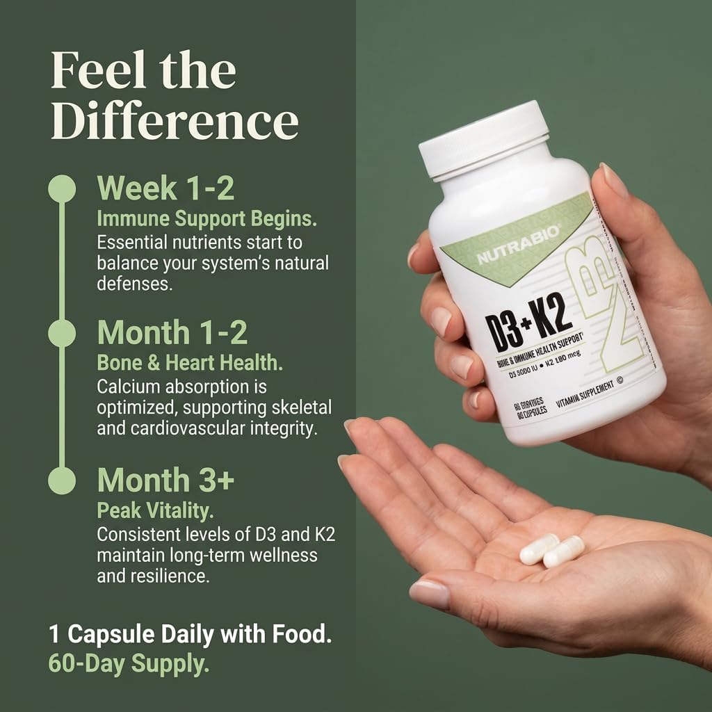 NutraBio Vitamin D3 K2 | 5000 IU D3 as Cholecalciferol with Vitamin K2 as MENA-Q MK7 (180mcg) | Support Bone and Heart Health | Non-GMO, Gluten Free, Lactose Free | 60 Vegetable Capsules - PrimeBioHealth - canada supplements