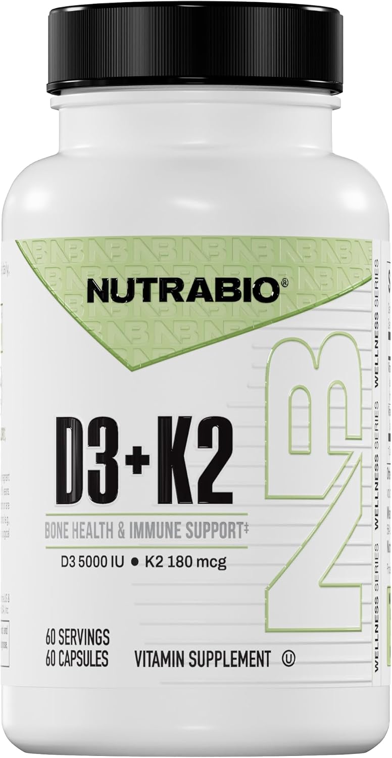 NutraBio Vitamin D3 K2 | 5000 IU D3 as Cholecalciferol with Vitamin K2 as MENA-Q MK7 (180mcg) | Support Bone and Heart Health | Non-GMO, Gluten Free, Lactose Free | 60 Vegetable Capsules - PrimeBioHealth - canada supplements