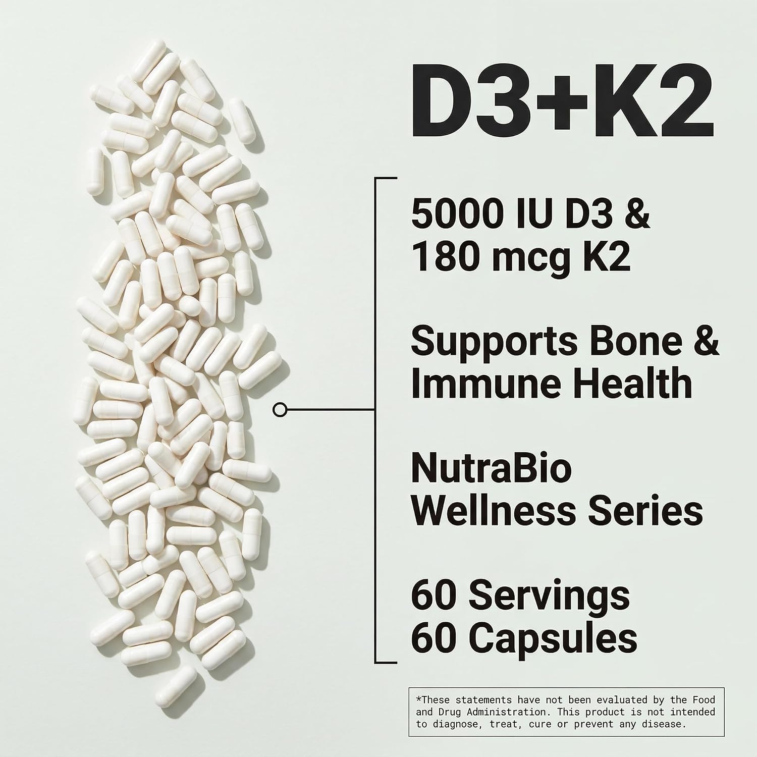 NutraBio Vitamin D3 K2 | 5000 IU D3 as Cholecalciferol with Vitamin K2 as MENA-Q MK7 (180mcg) | Support Bone and Heart Health | Non-GMO, Gluten Free, Lactose Free | 60 Vegetable Capsules - PrimeBioHealth - canada supplements