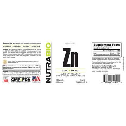 NutraBio Zinc Chelate Mineral Supplement - for Proper Growth, Development, and Immune Health - 30mg of Zinc per Vegetarian Capsules - 120 Servings - PrimeBioHealth - canada supplements