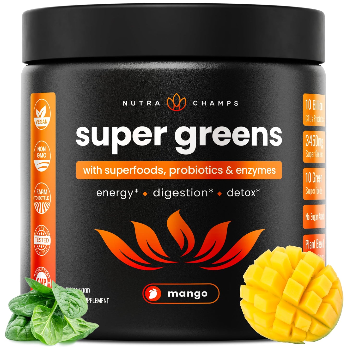NutraChamps Super Greens Powder Premium Superfood | 20+ Organic Green Veggie Whole Foods | Wheat Grass, Spirulina, Chlorella | Antioxidant, Digestive Enzyme - PrimeBioHealth - canada supplements