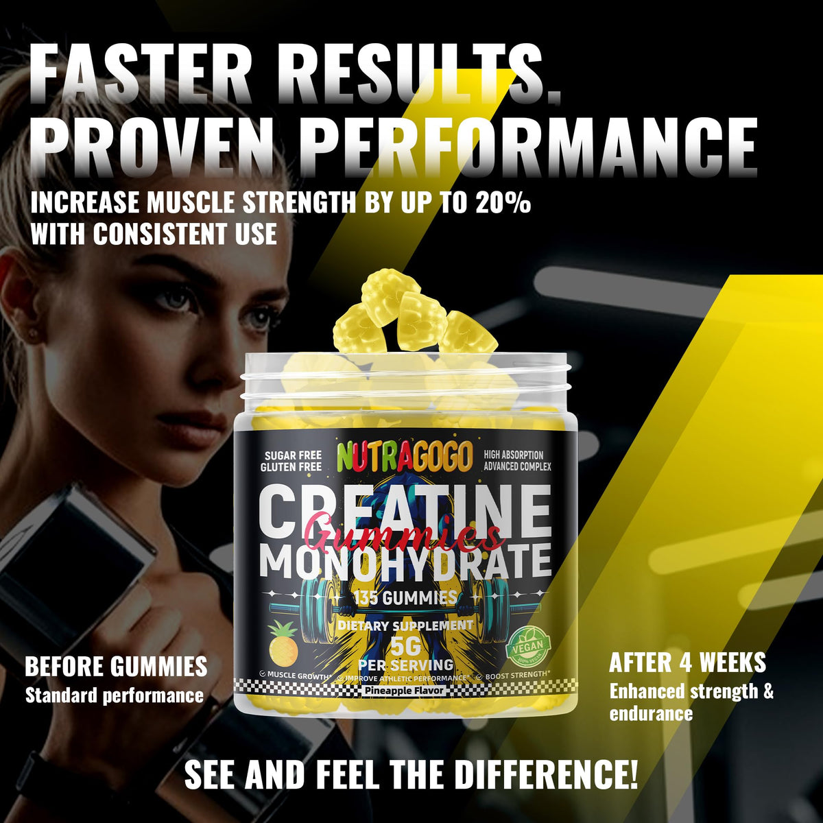 NUTRAGOGO NSF Certified Creatine Gummy - Creatine Monohydrate Gummies for Men & Women-5g of Creatine Monohydrate per Serving - Sugar Free,Vegan, Pineapple Electrolyte Chews, 135 Count - PrimeBioHealth - canada supplements
