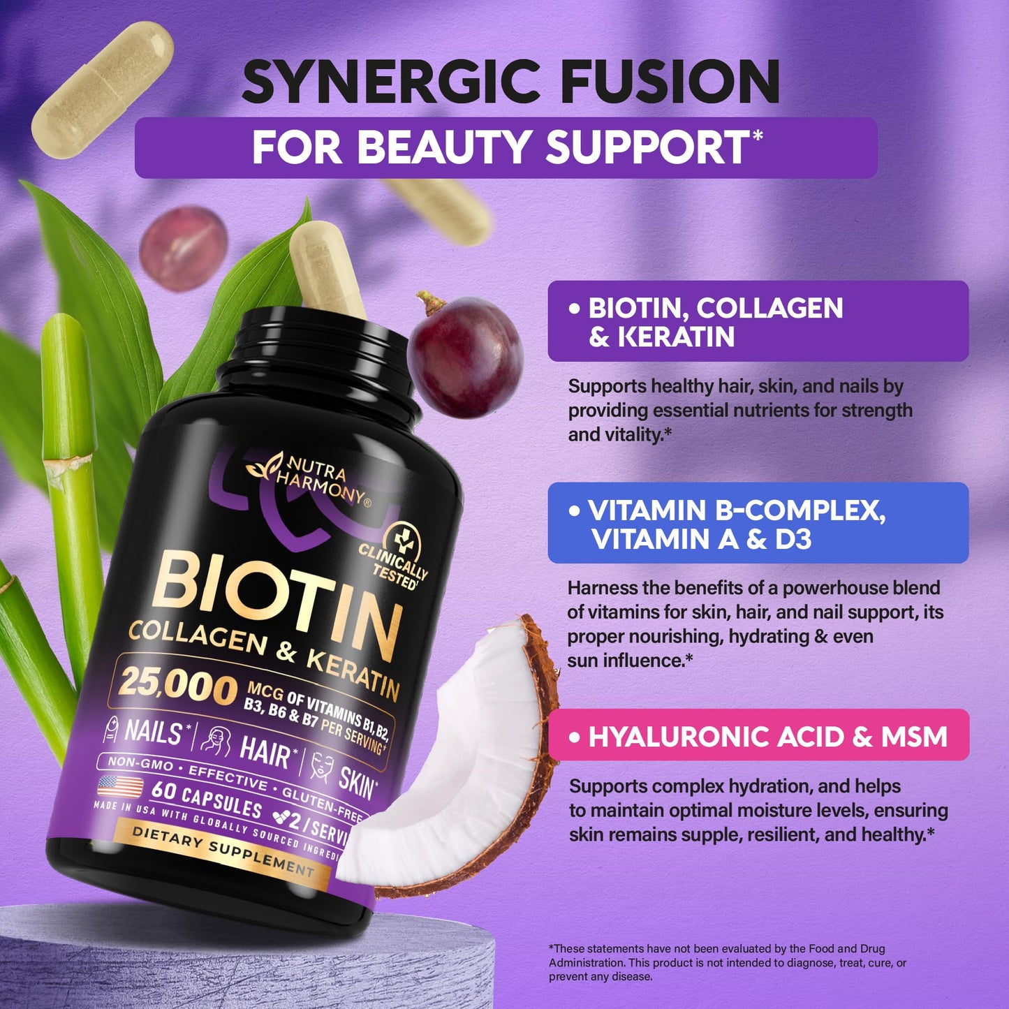 NUTRAHARMONY Biotin | Collagen | Hyaluronic Acid | Keratin - Support Normal Hair Growth Cycle - Skin & Nails - 25000mcg Vitamins B1, B2, B3, B6 & B7 - PrimeBioHealth - canada supplements