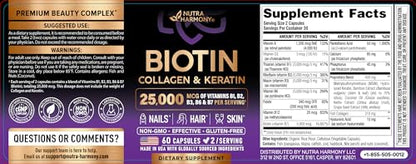 NUTRAHARMONY Biotin | Collagen | Hyaluronic Acid | Keratin - Support Normal Hair Growth Cycle - Skin & Nails - 25000mcg Vitamins B1, B2, B3, B6 & B7 - PrimeBioHealth - canada supplements
