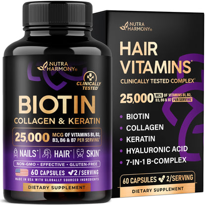 NUTRAHARMONY Biotin | Collagen | Hyaluronic Acid | Keratin - Support Normal Hair Growth Cycle - Skin & Nails - 25000mcg Vitamins B1, B2, B3, B6 & B7 - PrimeBioHealth - canada supplements