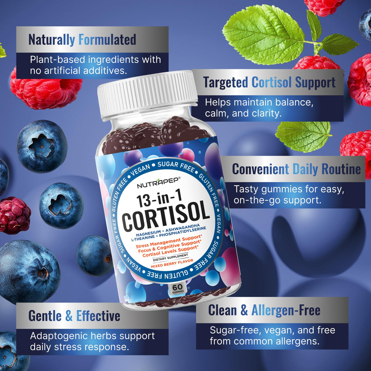 NutraPep Cortisol Gummies for Women Men - 13-in-1 High Cortisol Reducer with Ashwagandha Magnesium L-theanine Rhodiola Rosea - Daily Cortisol Detox Manager for Stress Focus Support - Vegan Sugar Free - PrimeBioHealth - canada supplements