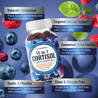 NutraPep Cortisol Gummies for Women Men - 13-in-1 High Cortisol Reducer with Ashwagandha Magnesium L-theanine Rhodiola Rosea - Daily Cortisol Detox Manager for Stress Focus Support - Vegan Sugar Free - PrimeBioHealth - canada supplements