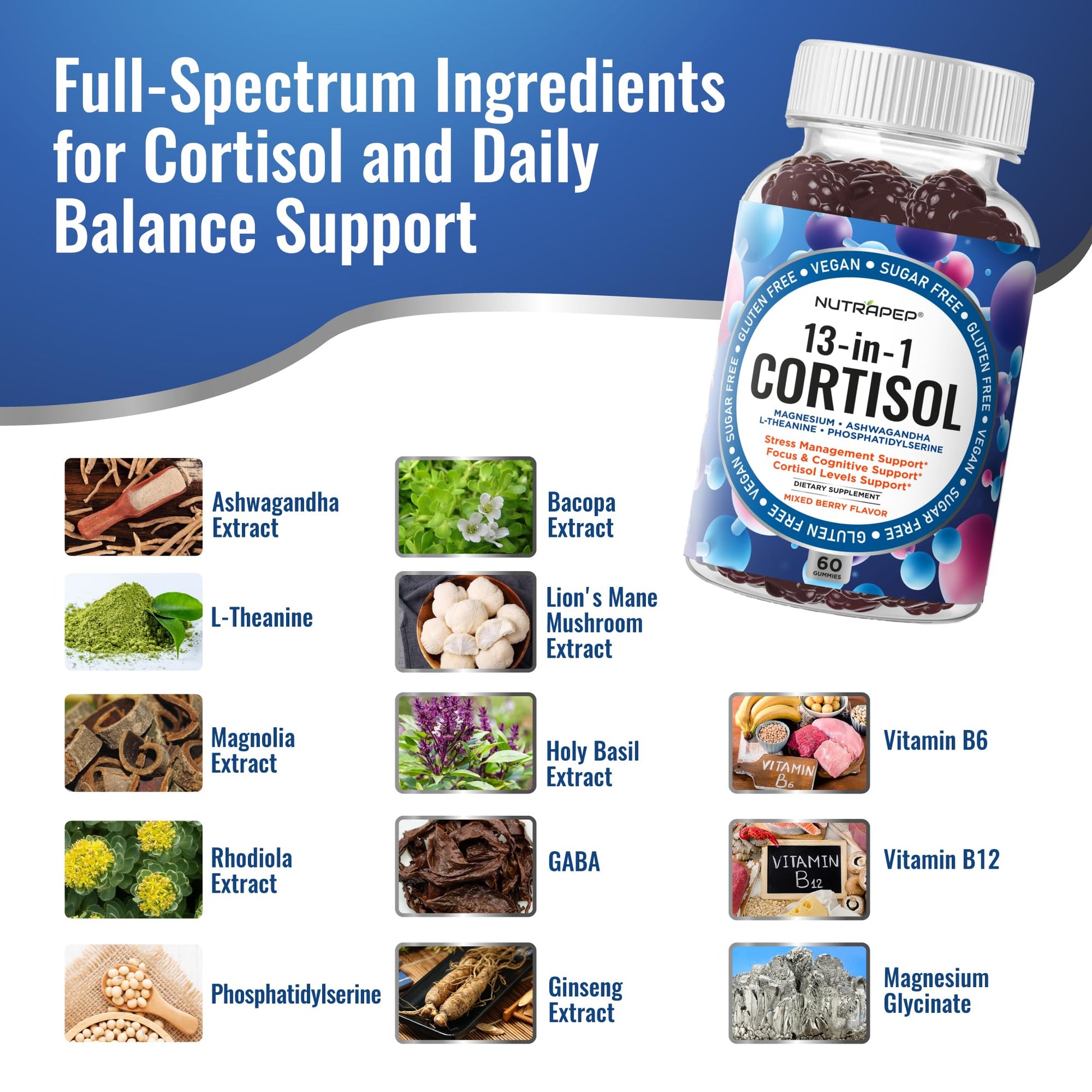 NutraPep Cortisol Gummies for Women Men - 13-in-1 High Cortisol Reducer with Ashwagandha Magnesium L-theanine Rhodiola Rosea - Daily Cortisol Detox Manager for Stress Focus Support - Vegan Sugar Free - PrimeBioHealth - canada supplements