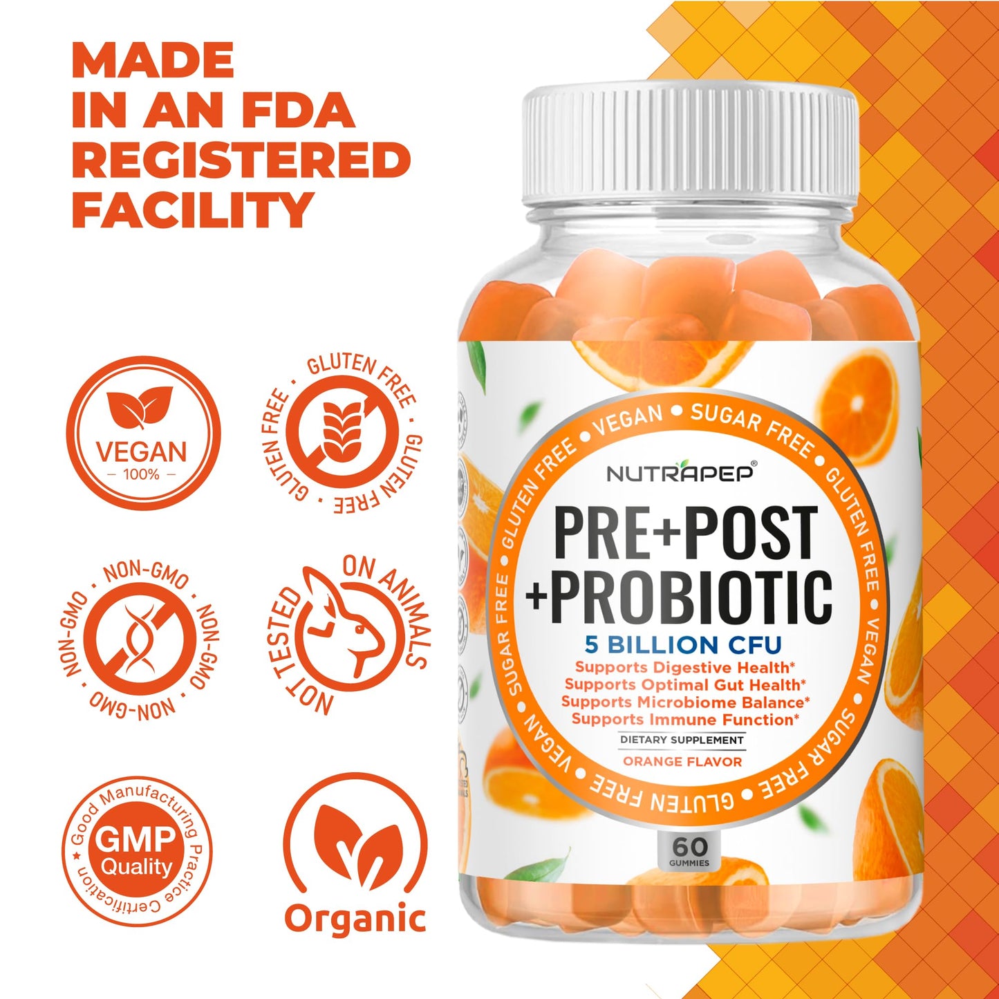 NutraPep Prebiotic Probiotic & Postbiotic Gummies for Women Men & Kids Children - High Potency 5 Billion CFU - Sugar-Free & Gluten 60 Count (Pack of 2) - PrimeBioHealth - canada supplements