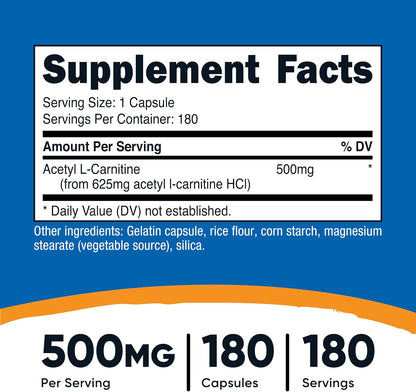 Nutricost Acetyl L-Carnitine (ALCAR) 500mg, 180 Capsules | GMO-Free and Gluten Free, 180 Servings - PrimeBioHealth - canada supplements