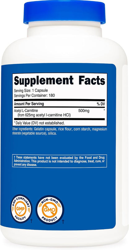 Nutricost Acetyl L-Carnitine (ALCAR) 500mg, 180 Capsules | GMO-Free and Gluten Free, 180 Servings - PrimeBioHealth - canada supplements