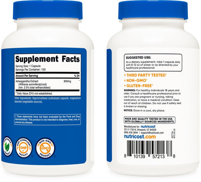 Nutricost Ashwagandha Herbal Supplement 600mg, 120 Capsules | Vegetarian, Non-GMO, Gluten Free, Ashwagandha Root - PrimeBioHealth - canada supplements