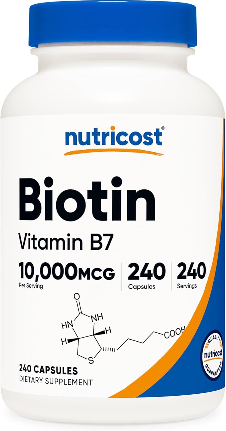Nutricost Biotin (Vitamin B7) 10,000mcg (10mg) Vitamin Supplement, 240 Capsules - Vegetarian, Gluten Free, Quick Release, Non-GMO - PrimeBioHealth - canada supplements