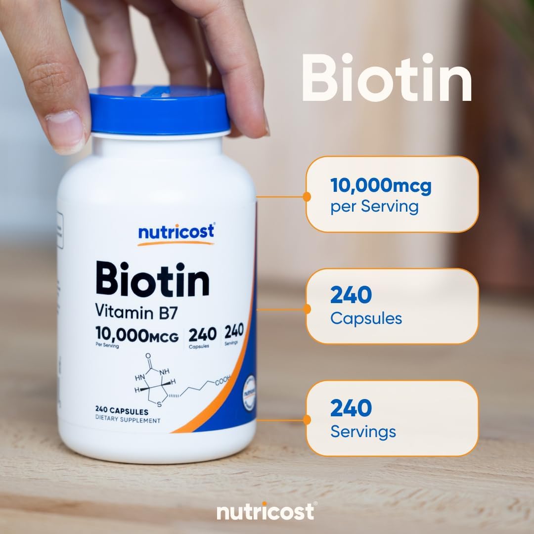 Nutricost Biotin (Vitamin B7) 10,000mcg (10mg) Vitamin Supplement, 240 Capsules - Vegetarian, Gluten Free, Quick Release, Non-GMO - PrimeBioHealth - canada supplements